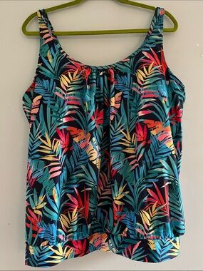 Multicolor Tropical Leaf Scoop Neck Tank Top - Navy Base